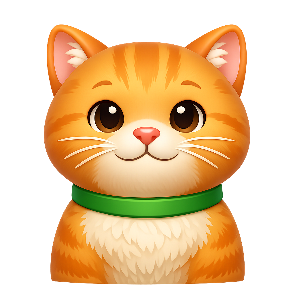 A cute orange tabby cat emoji character with a round face, green collar, and a neutral friendly expression.