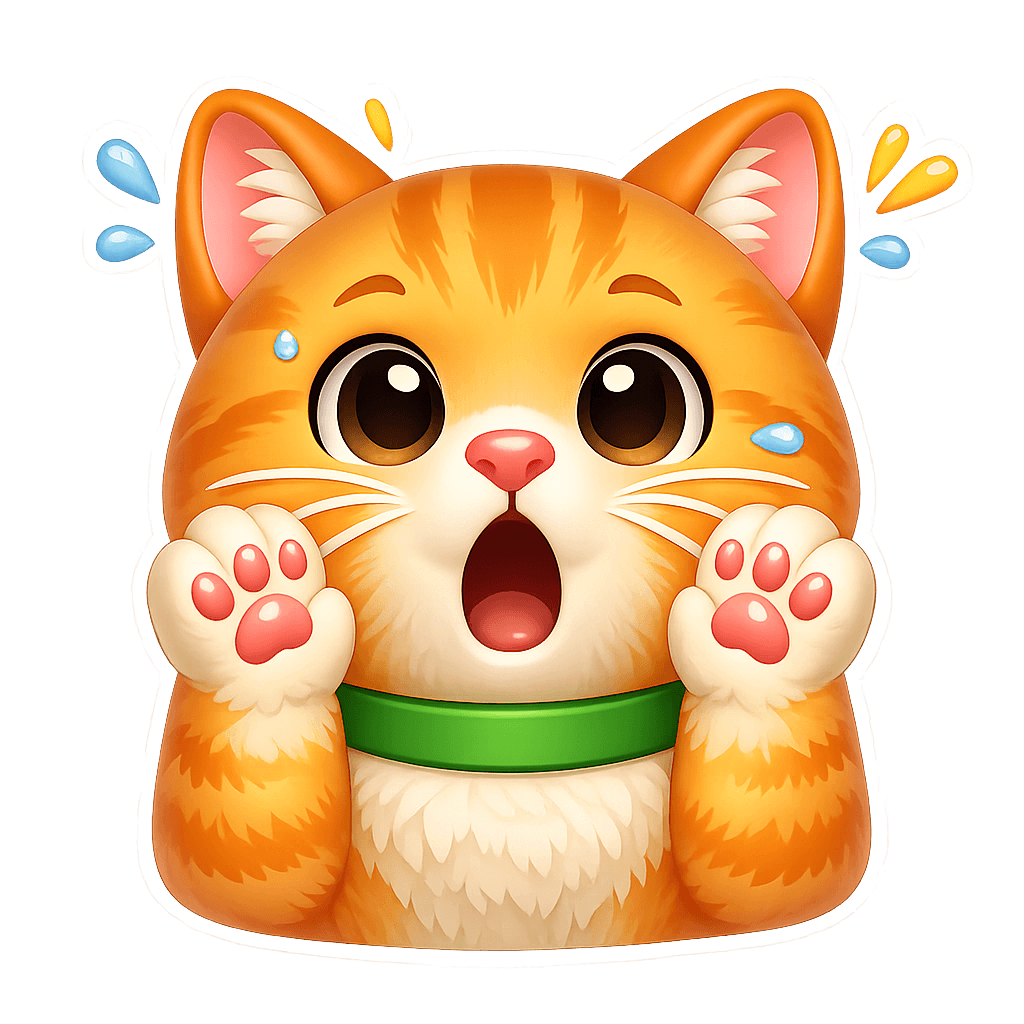 An orange tabby cat emoji character showing a surprised reaction with wide eyes, open mouth, raised paws, and a shocked expression.