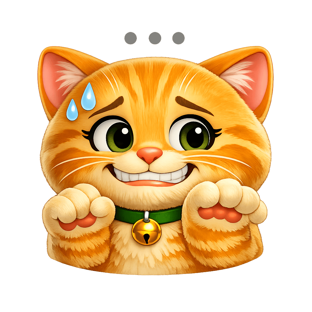 An orange tabby cat emoji character showing an embarrassed reaction with nervous eyes, a forced smile, and sweat details.