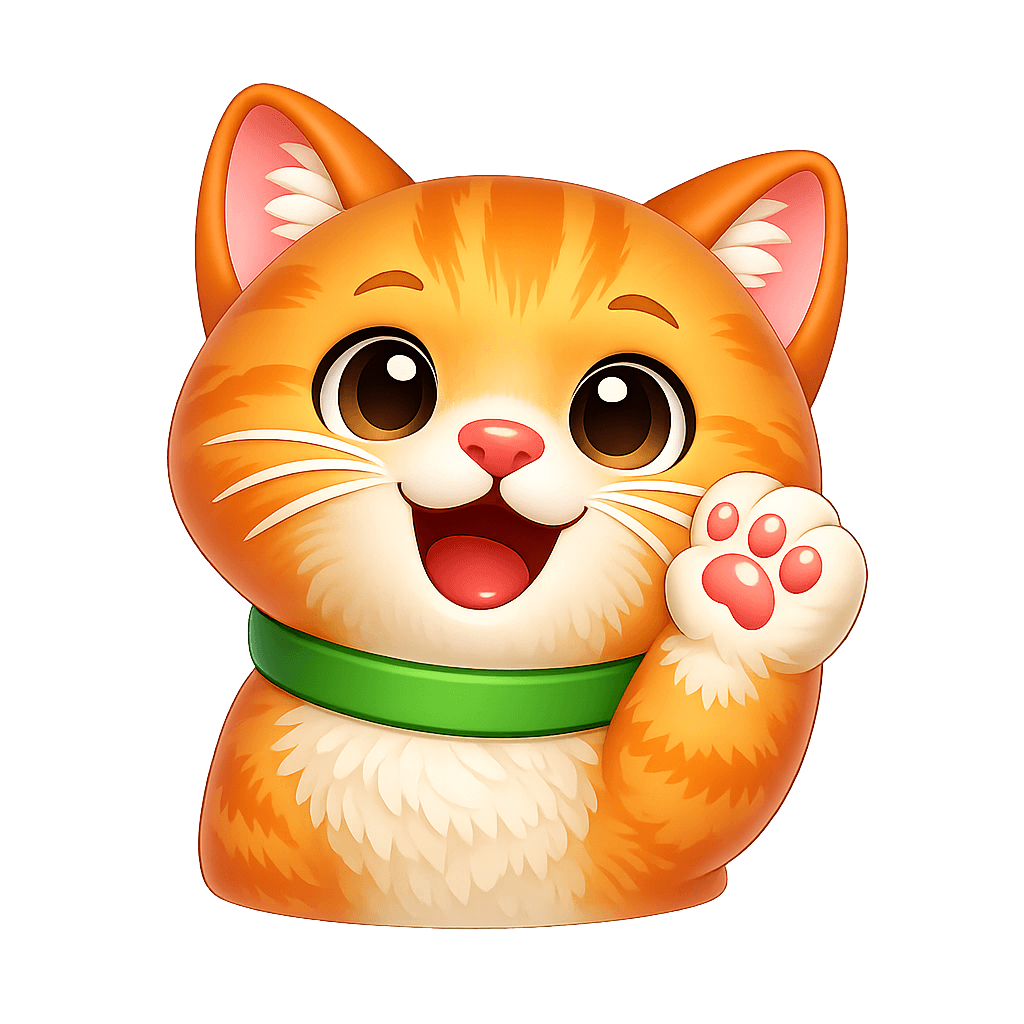An orange tabby cat emoji character showing an excited reaction with a happy smile and raised paw.