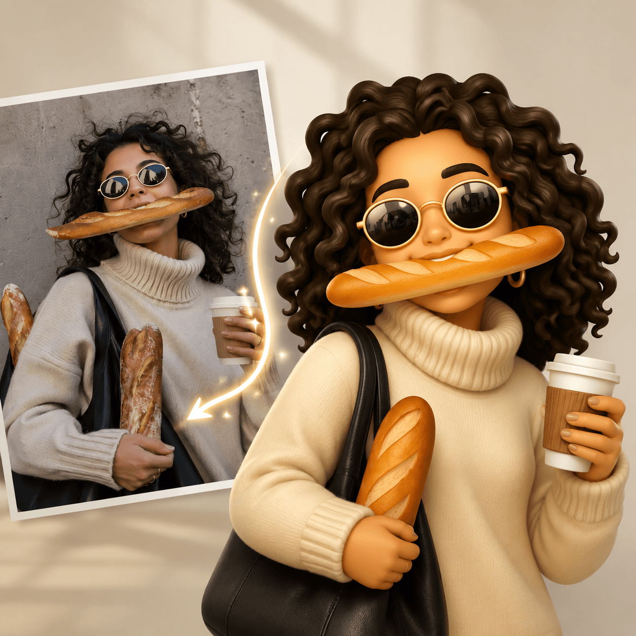 A side-by-side visual showing a real photo of a curly-haired woman with bread and coffee transformed into a smooth 3D emoji character with matching style and accessories.