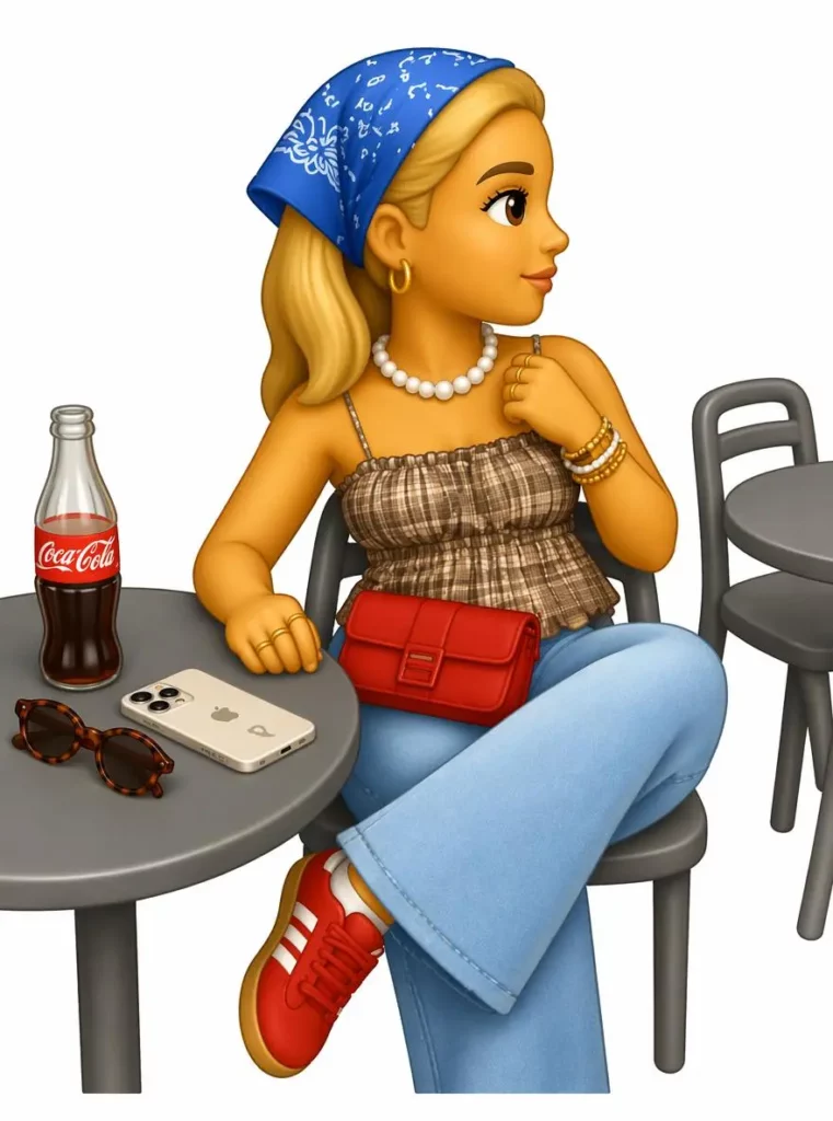 A smooth 3D emoji character recreating a woman with a blue headscarf, glasses, patterned top, jeans, and red bag.