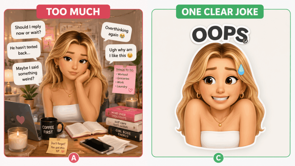 A side-by-side comparison showing an overcrowded emoji concept with multiple distractions versus a simple 3D emoji sticker with one clear reaction and expression.