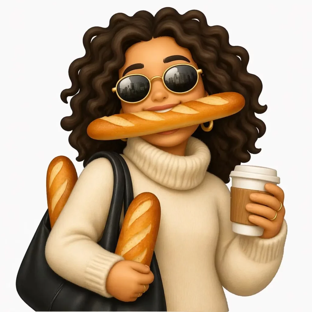 A 3D emoji character recreating a curly-haired woman wearing sunglasses, a sweater, and carrying bread and coffee.
