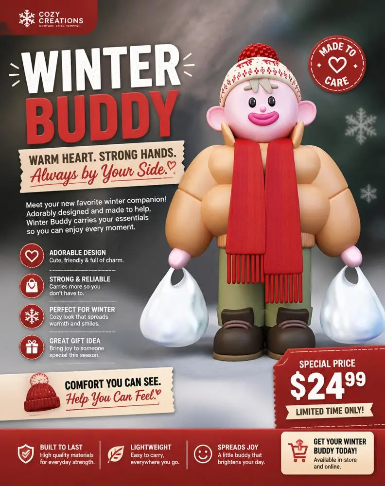 f32a01f4-5294-4484-89a6-f58bd2e87e61_792x1000png_preview – WeShop AI Blog Winter Buddy promotional flyer featuring a knitted winter character, product benefits, and a limited-time price.