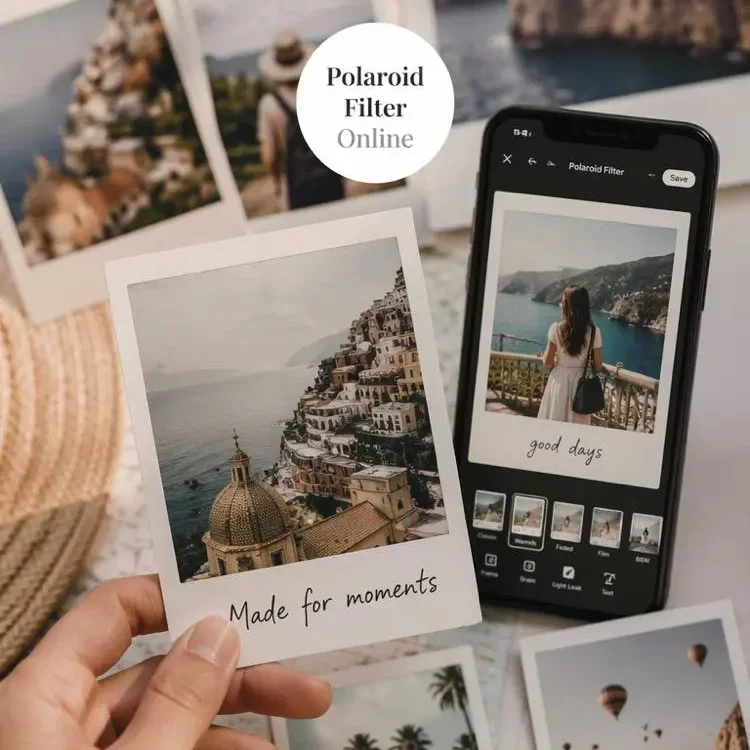 f406e90a-6708-4ba9-a810-d4cef5b5a6ca_750x1000png_preview – WeShop AI Blog Collection of customer travel photos displayed in matching white Polaroid frames, including coastal views, palm trees, and hot air balloons.