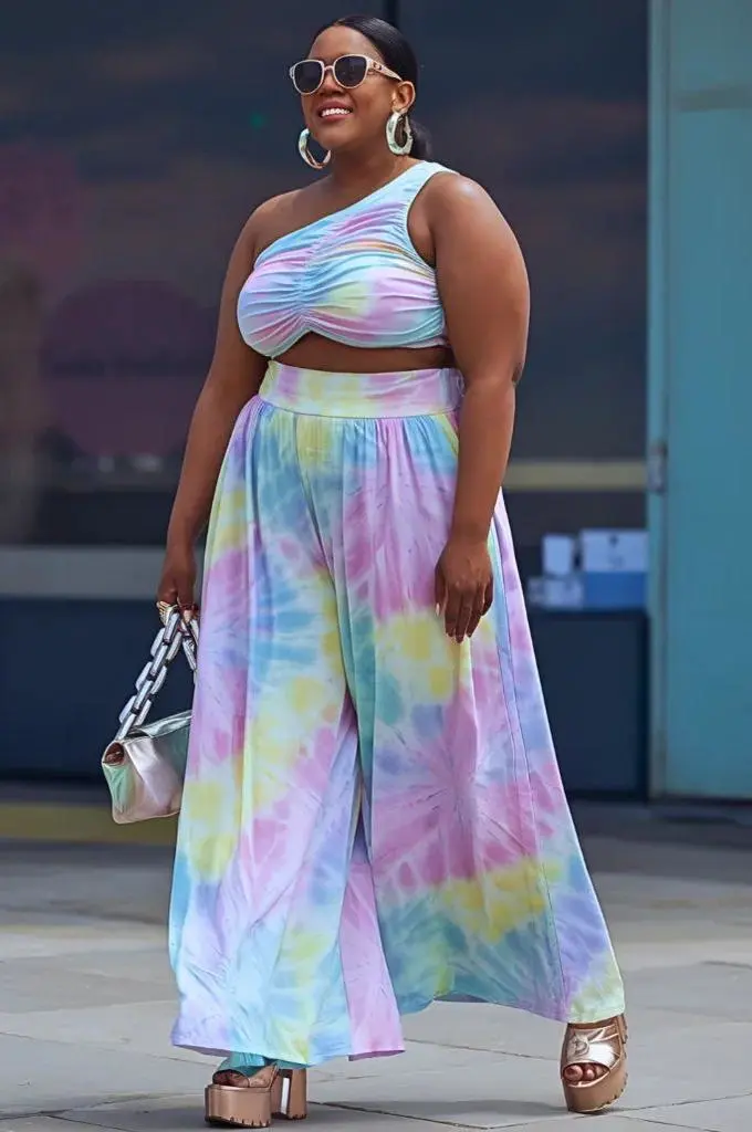 Curvy model wearing a pastel tie-dye crop top and wide-leg trousers in a Virtual Try-On example.