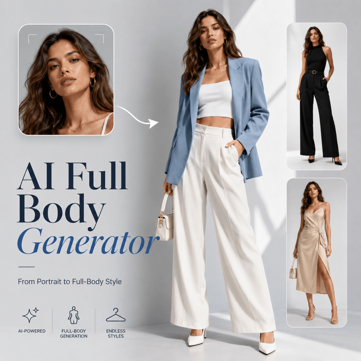 AI Full Body Generator transforming a portrait into multiple full-body fashion looks