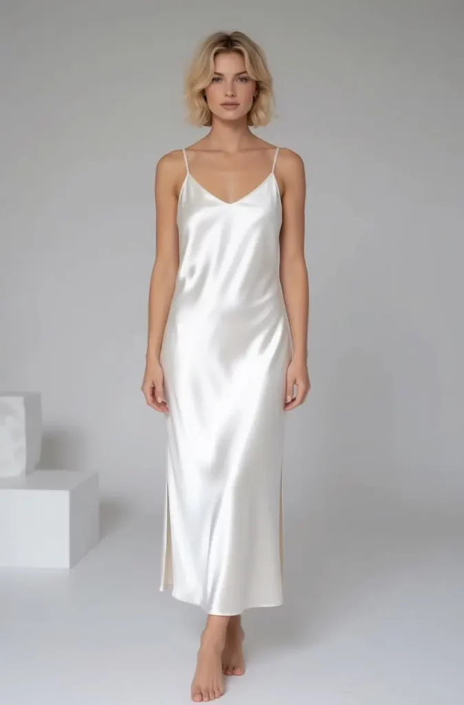 fbi – WeShop AI Blog Seated blonde woman wearing an elegant white satin slip dress