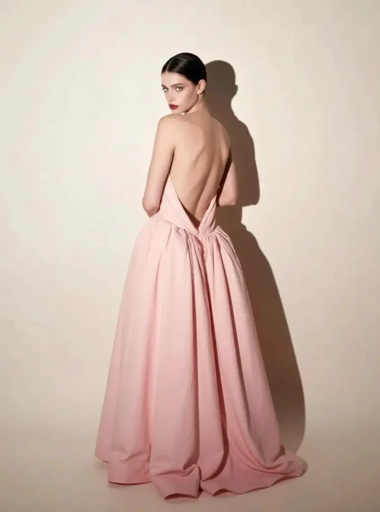 fbp – WeShop AI Blog Fashion portrait of a woman wearing a pink backless gown under dramatic lighting