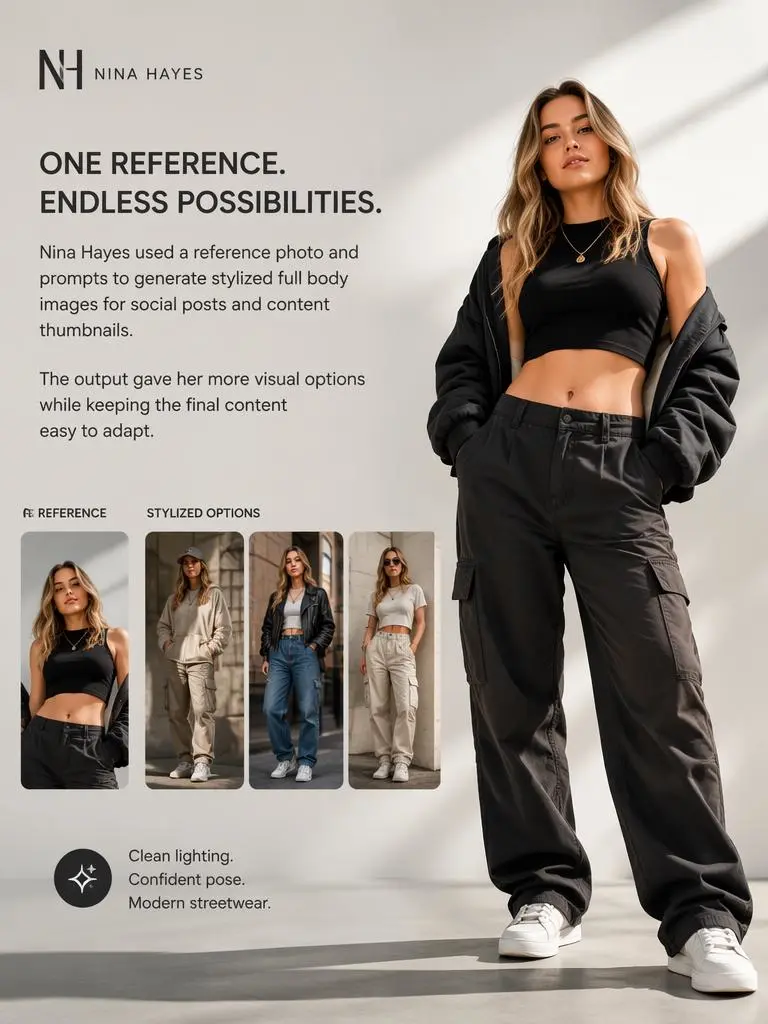 fbw – WeShop AI Blog One reference portrait transformed into multiple full-body streetwear images
