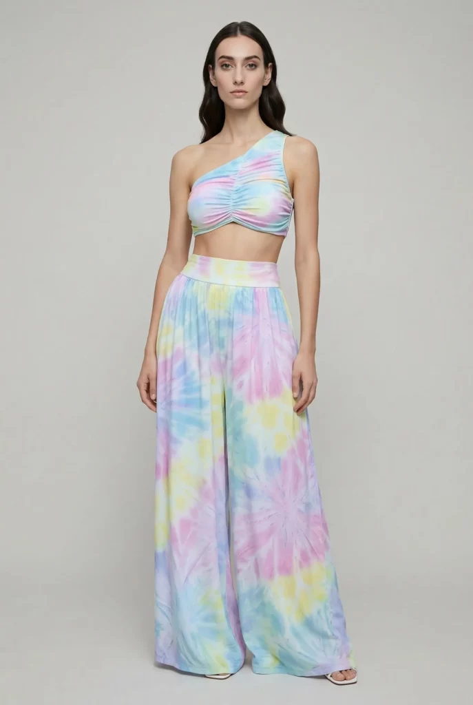 Slim model wearing the same pastel tie-dye outfit in a clean Virtual Try-On studio image.