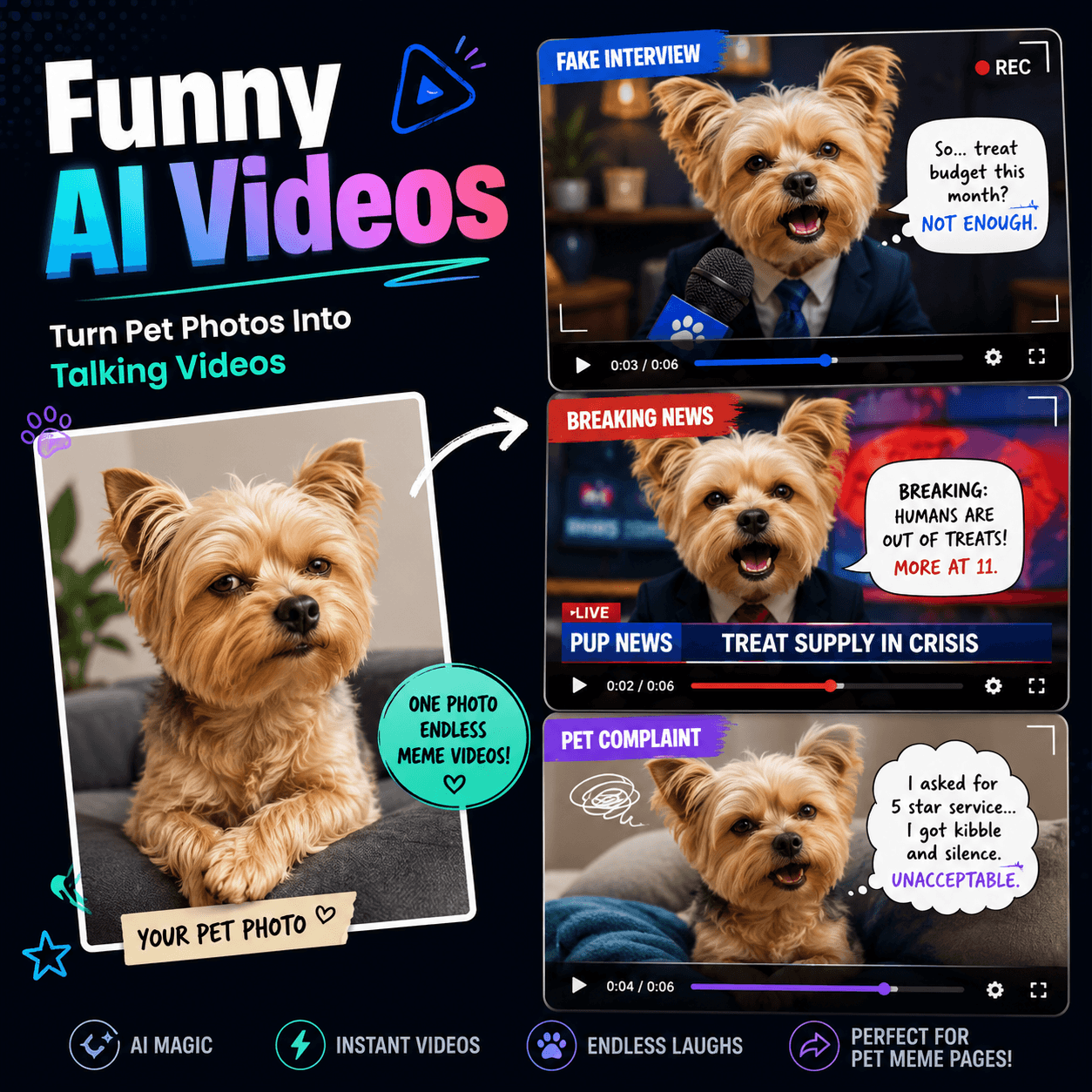 Funny AI Videos turning one pet photo into fake interviews, breaking news clips, and talking pet memes