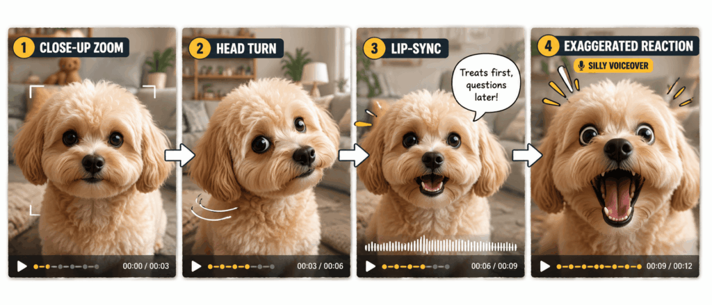fi – WeShop AI Blog Four talking pet video keyframes showing a close-up zoom, head turn, lip-sync, and exaggerated reaction