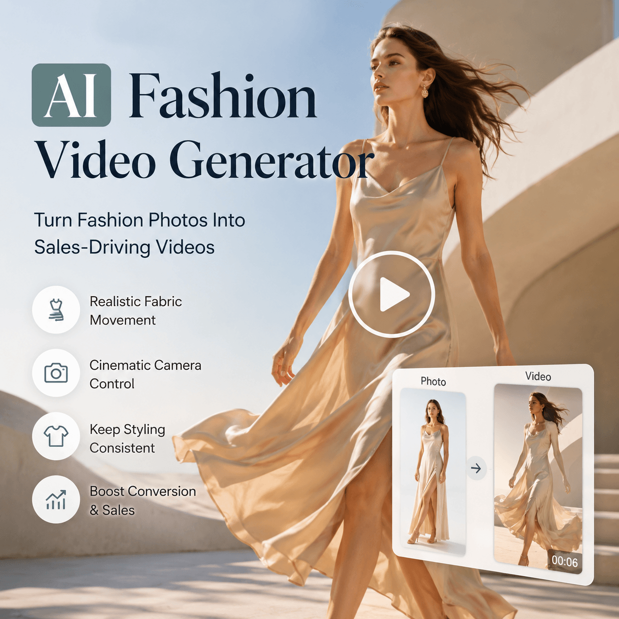 AI Fashion Video Generator turning a static dress photo into a sales-focused fashion video