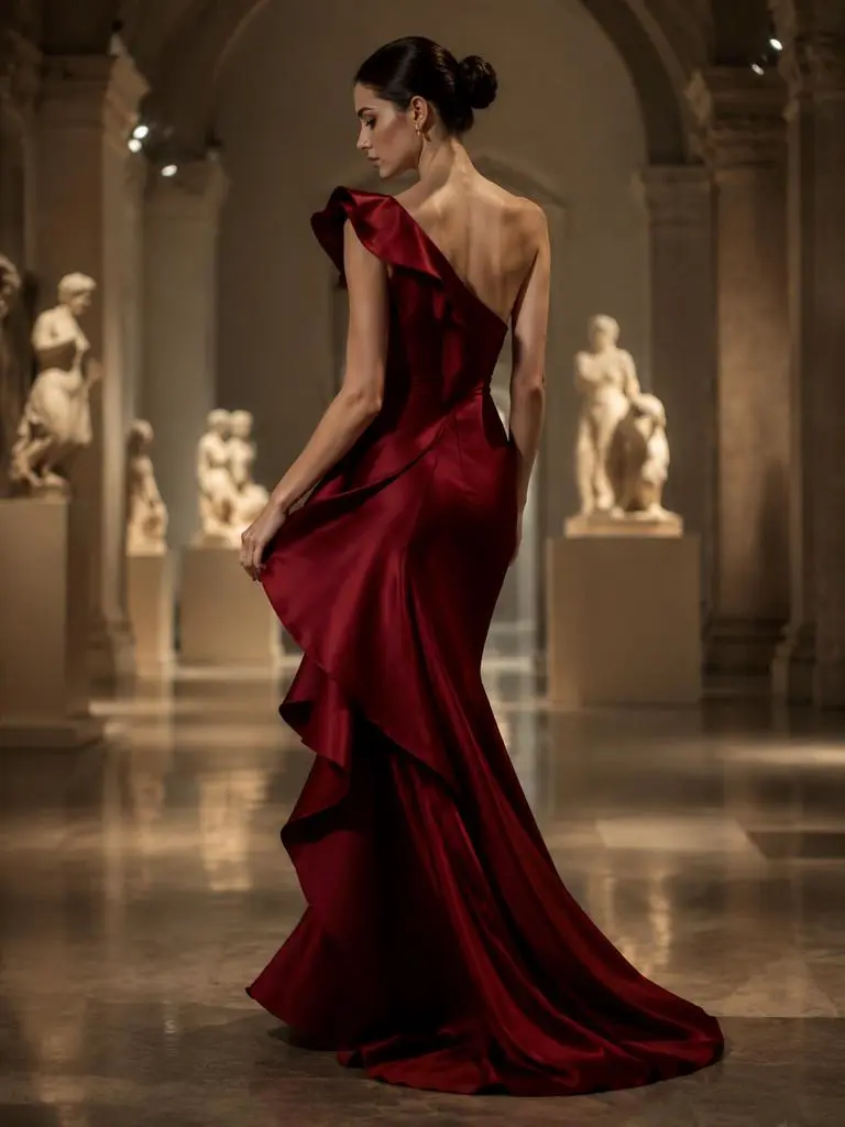 fsy – WeShop AI Blog Model walking in a flowing champagne gown on a bright terrace