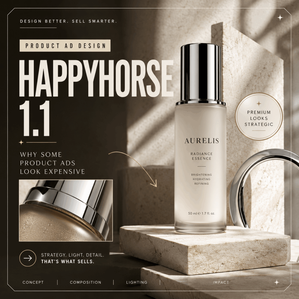 HappyHorse 1.1 Product Ad Design – WeShop AI Blog HappyHorse 1.1 product ad design hero image featuring a premium skincare bottle, stone textures, chrome details, and editorial typography.
