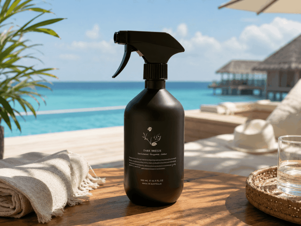 Black spray bottle photographed at a sunny coastal resort with a pool, ocean view, and relaxed holiday styling.