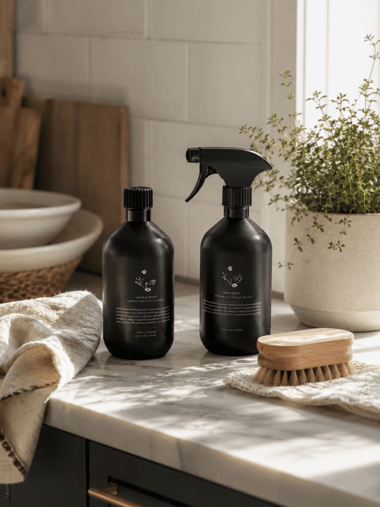 Two black cleaning bottles styled on a sunlit kitchen counter with natural home accessories.
