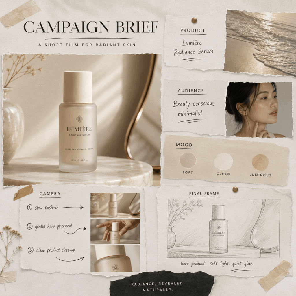 hpr – WeShop AI Blog HappyHorse 1.1 AI Video Generator campaign brief moodboard with product reference, audience, mood keywords, camera direction, and final frame sketch