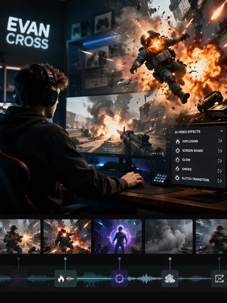 image – WeShop AI Blog Gaming video scene with AI explosion effects, screen shake, smoke, and editing timeline.