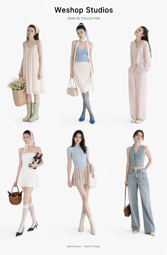 Seamless e-commerce fashion catalog layout titled Weshop Studios 2026 SS Collection showing six distinct realistic AI fashion outfits with perfect character consistency.