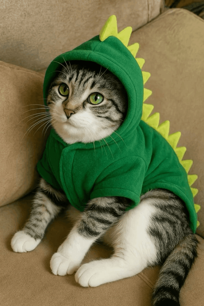 Picture 2 used to extract the specific design and details of the outfit to be promoted (e.g., the green dinosaur hoodie