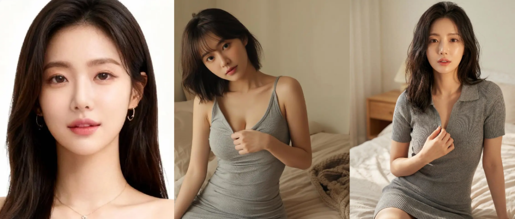 image – WeShop AI Blog Three-panel AI Photoshoot comparison showing a female headshot, a gray-dress pose reference, and a bedroom campaign result
