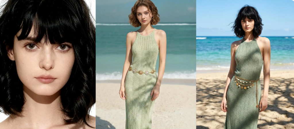 image – WeShop AI Blog Three-panel comparison showing a black-haired model photo, a green beach dress reference, and the final beach photoshoot result
