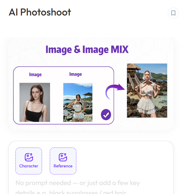 image – WeShop AI Blog AI Photoshoot Image and Image MIX interface combining a character photo and a beach reference into a generated fashion image
