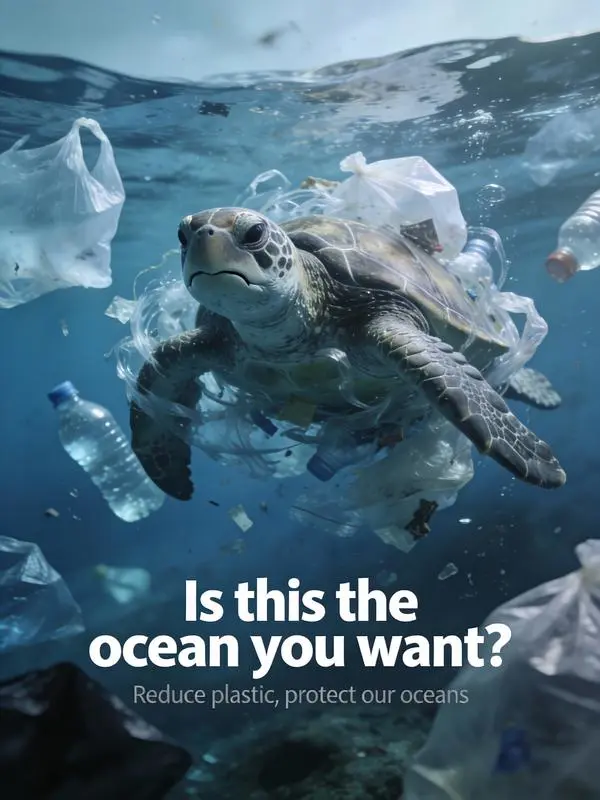 image – WeShop AI Blog Sea turtle swimming through plastic waste in an ocean awareness campaign poster.