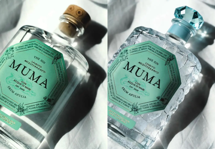 image – WeShop AI Blog Side-by-side perfume bottle edit changing the cap and glass texture while preserving the green label.