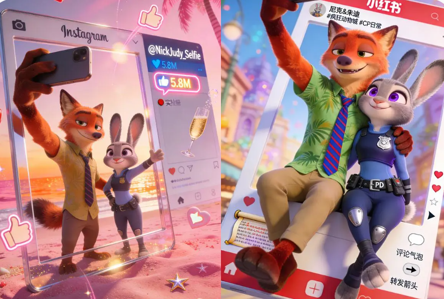 image – WeShop AI Blog Two localized social media visuals featuring animated fox and rabbit characters in different platform layouts.