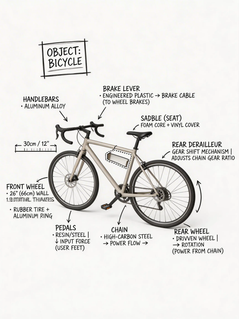 image – WeShop AI Blog Annotated bicycle infographic identifying key components, materials, measurements, and mechanical functions.