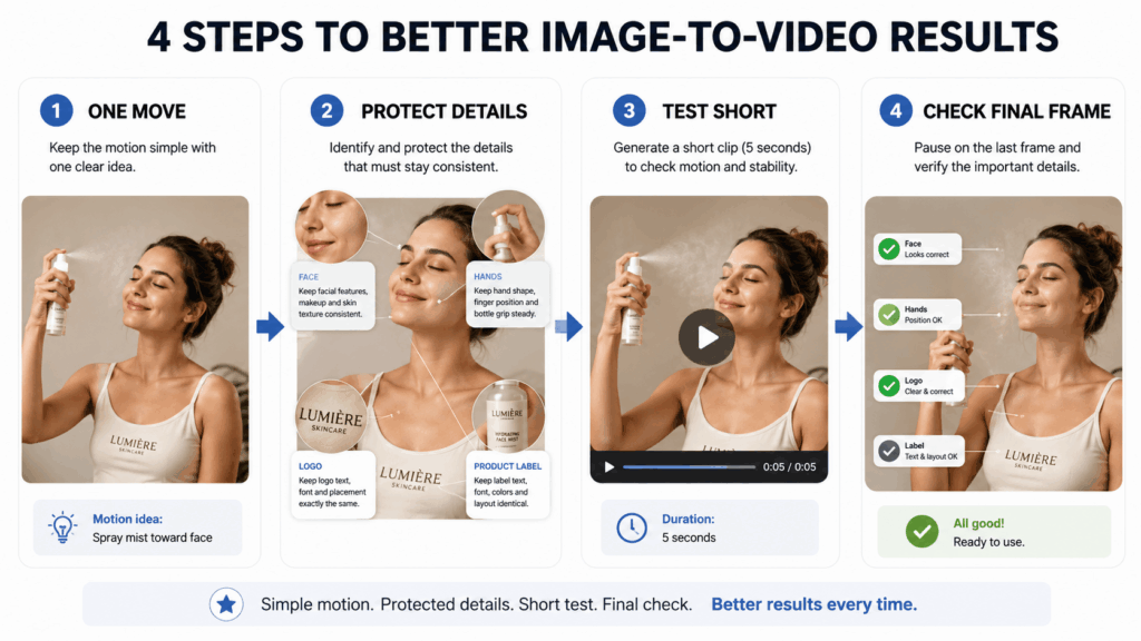 imi – WeShop AI Blog Four-step workflow showing one motion, protected details, a short test, and a final-frame check.