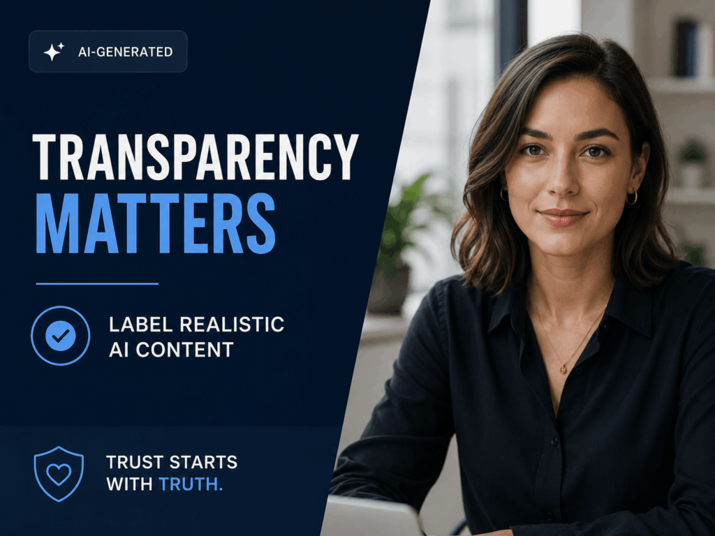 imo – WeShop AI Blog AI transparency card encouraging creators to label realistic AI-generated video content.
