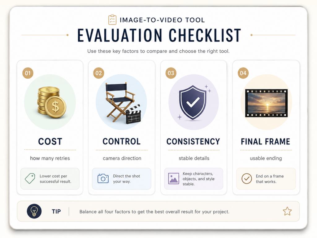 imr – WeShop AI Blog Image-to-video tool checklist comparing cost, control, consistency, and final-frame quality.