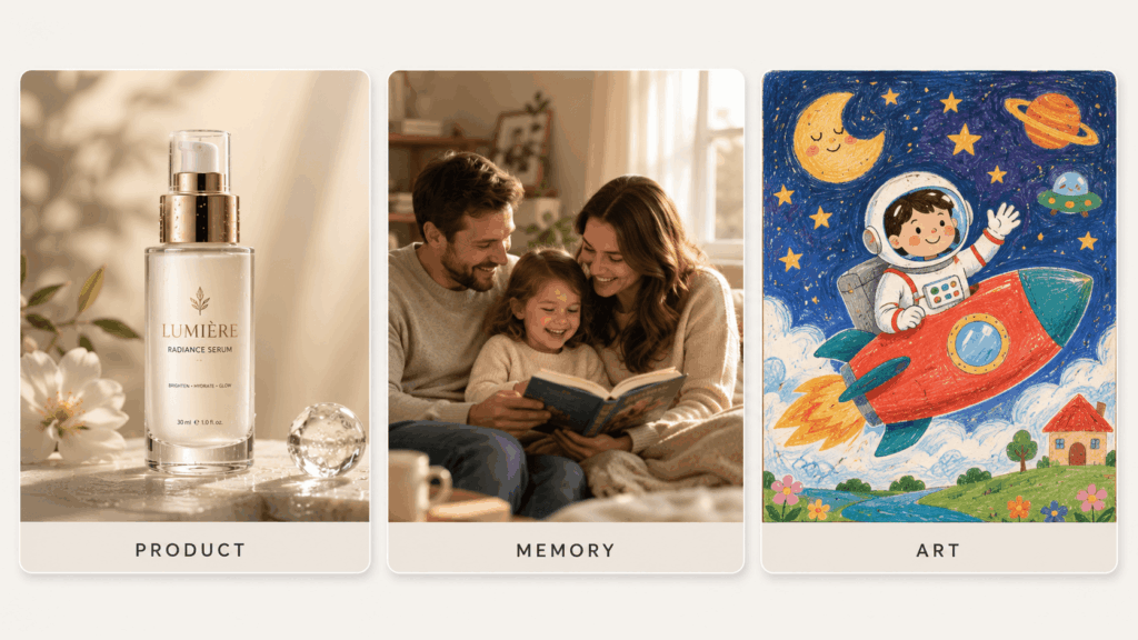 imt – WeShop AI Blog Three-panel board showing product photography, a family memory, and childlike art for image-to-video creation.
