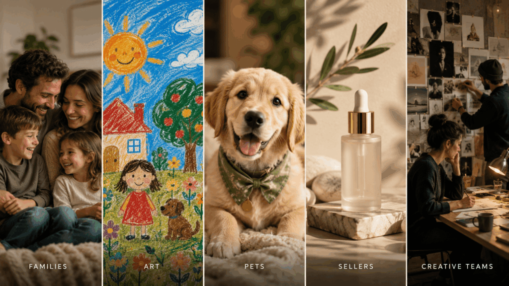 imu – WeShop AI Blog Five-panel collage showing families, artists, pet owners, sellers, and creative teams using image-to-video tools.