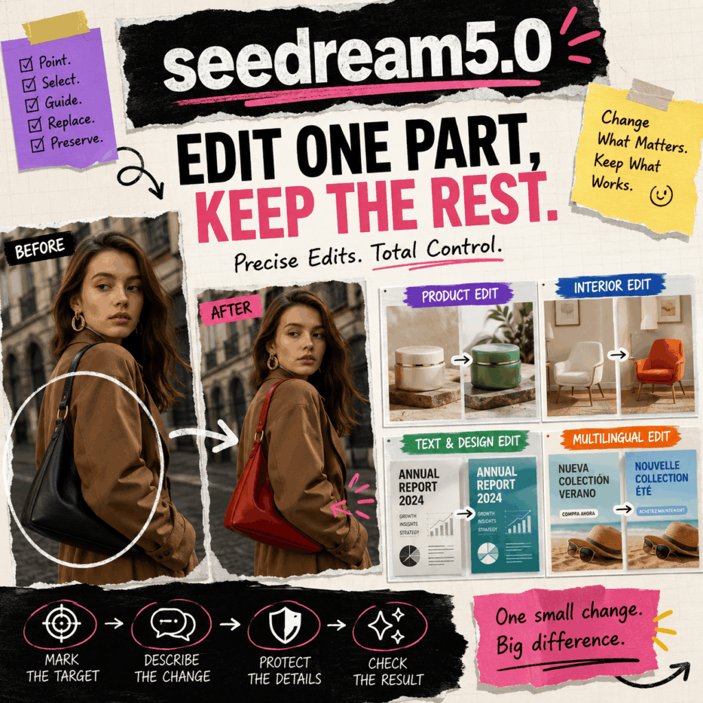 seedream5.0 editorial collage showing precise edits for fashion, products, interiors, reports, and multilingual campaigns