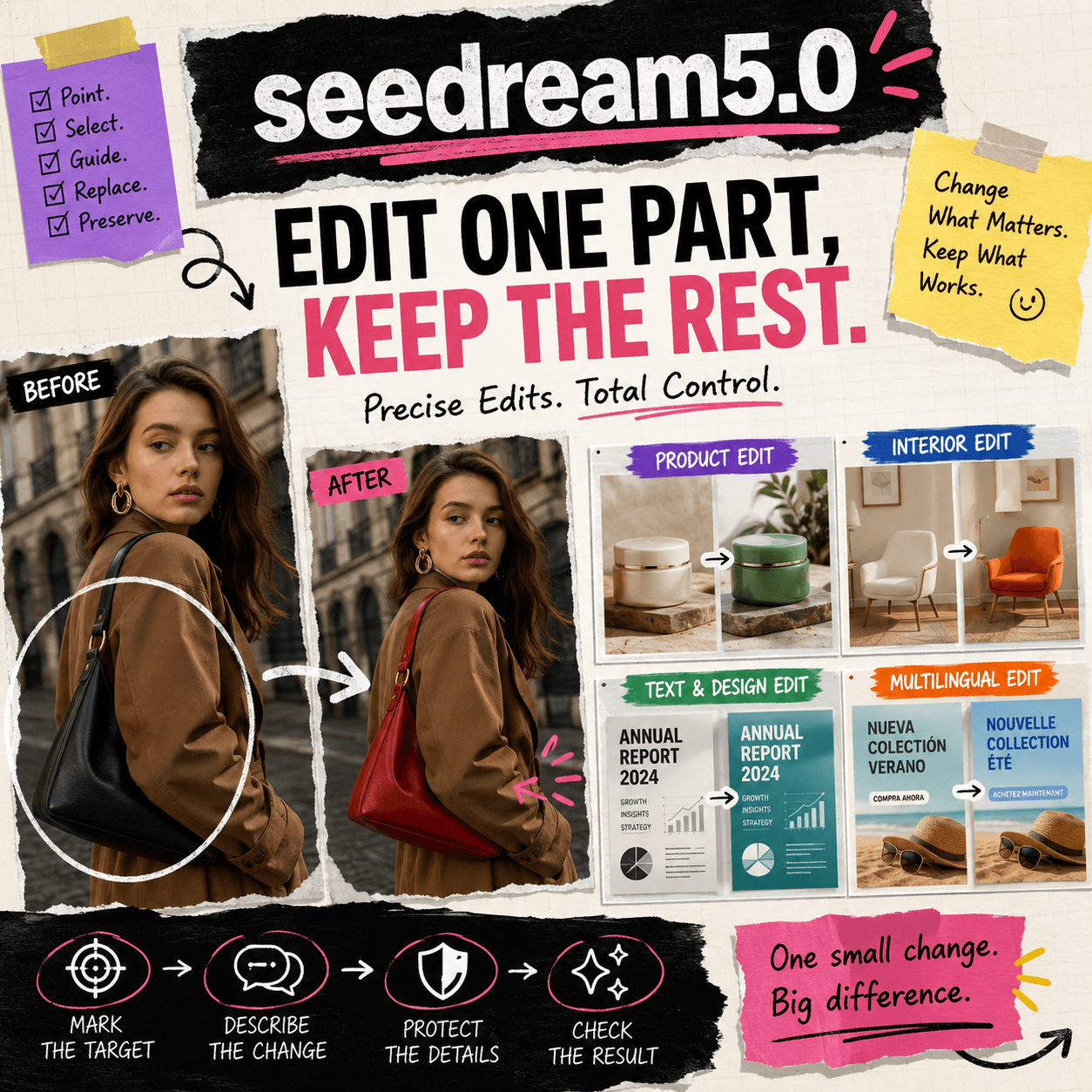 seedream5.0 editorial collage showing precise edits for fashion, products, interiors, reports, and multilingual campaigns