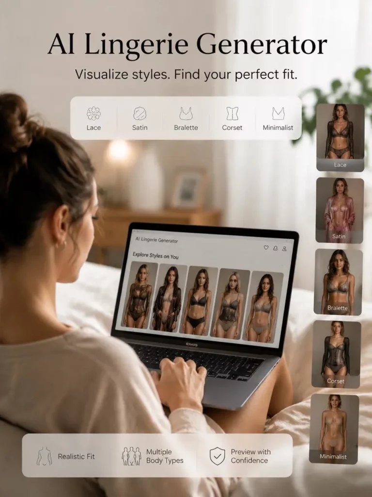 lingz – WeShop AI Blog Woman using AI Lingerie Generator on a laptop to preview lingerie styles.