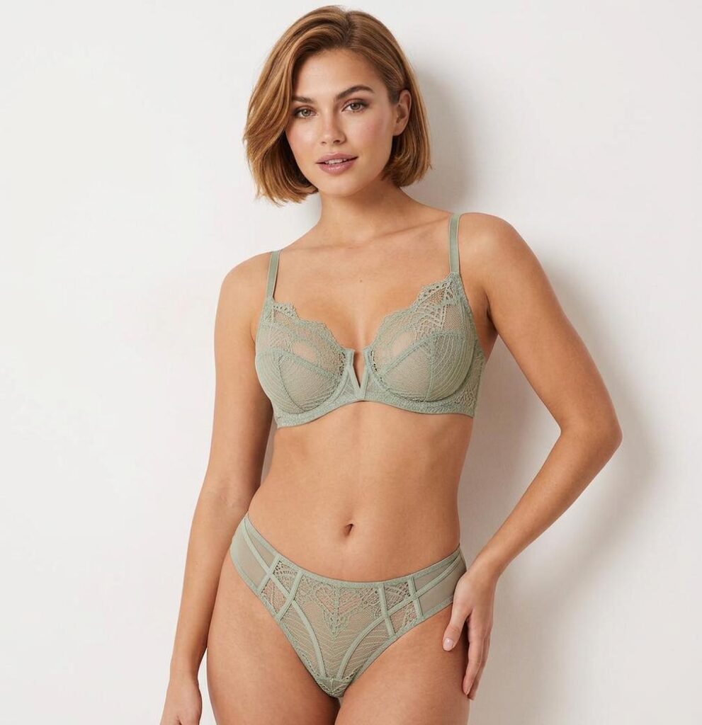 lla – WeShop AI Blog Model wearing a green lingerie set in a clean studio product photo.