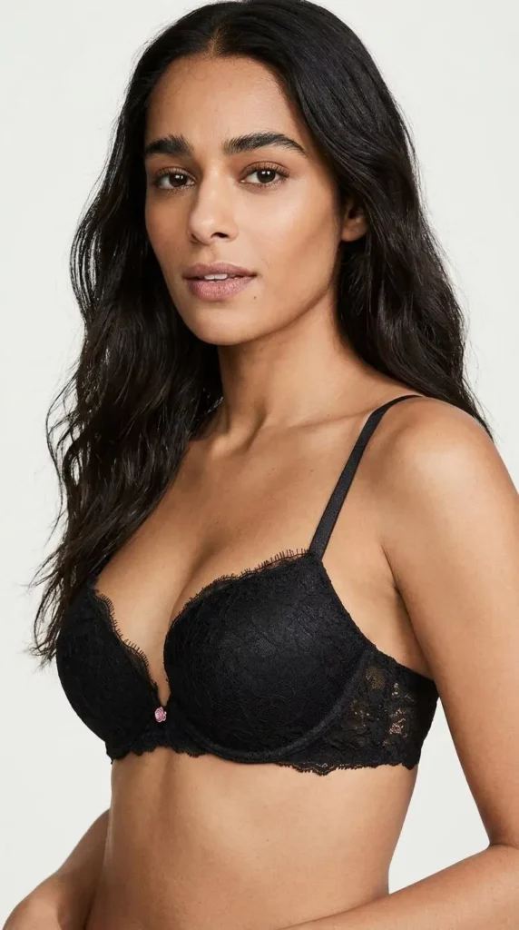 lld – WeShop AI Blog Model wearing a black lace bra in a studio lingerie product photo.