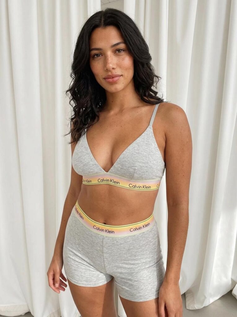 lls – WeShop AI Blog Model wearing soft gray innerwear in a simple lifestyle product photo.