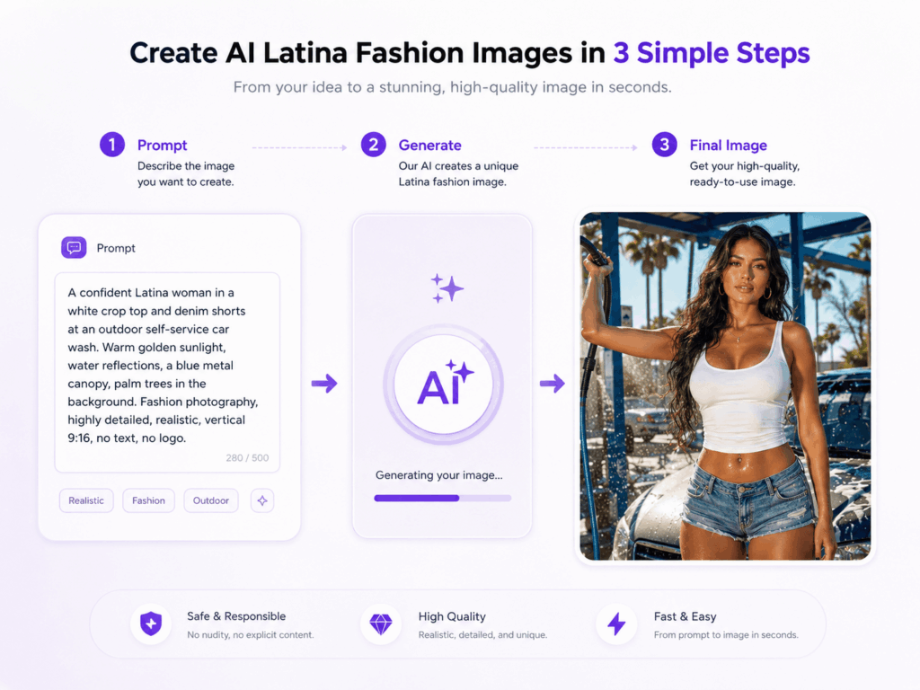 AI Latina Generator workflow showing prompt, AI generation, and final fashion image creation
