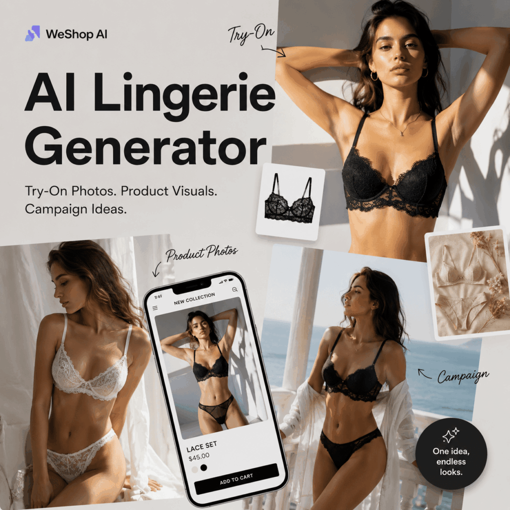 AI Lingerie Generator for Try-On Photos – WeShop AI Blog AI Lingerie Generator collage showing try-on photos, product visuals, and campaign ideas.
