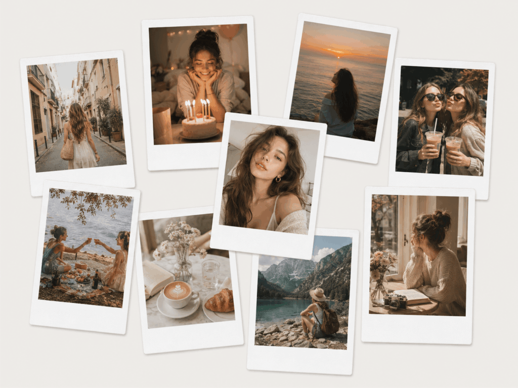 Polaroid Filter Online collage with travel, birthday, coffee, friends, sunset, and lifestyle moments in white instant photo frames.