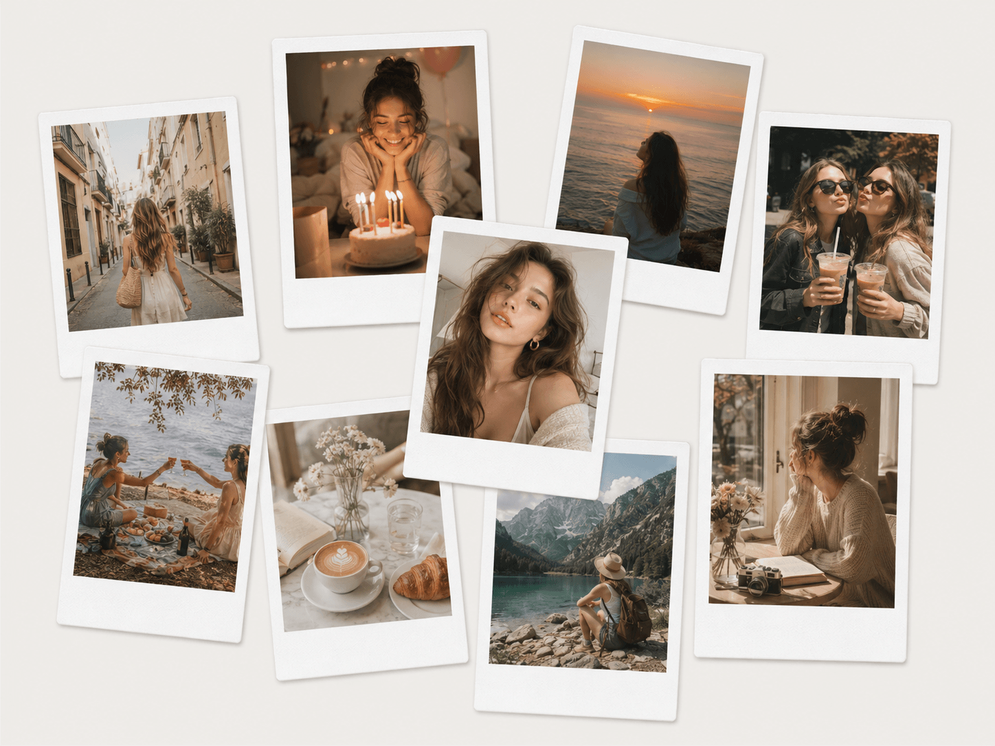 Polaroid Filter Online collage with travel, birthday, coffee, friends, sunset, and lifestyle moments in white instant photo frames.