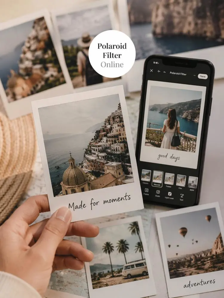 Polaroid Filter Online workspace showing printed travel photos, a phone editor, and handwritten-style instant photo notes.